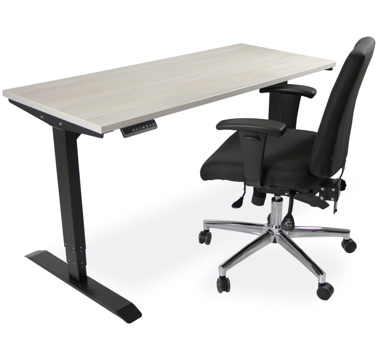 Sähkösäätöinen työpöytä, Harmaa jalava kansi, mustat jalat.