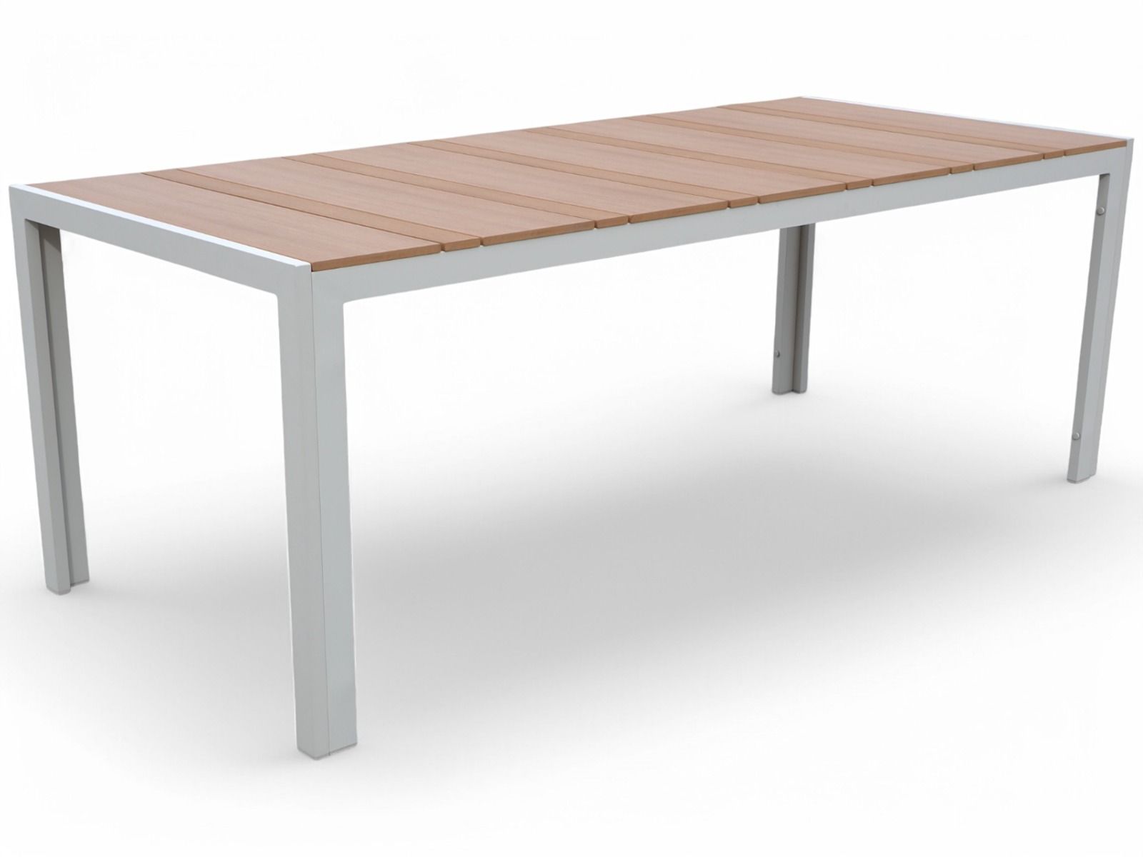 Valkoinen ruokapoyta ulos puun värisellä kannella