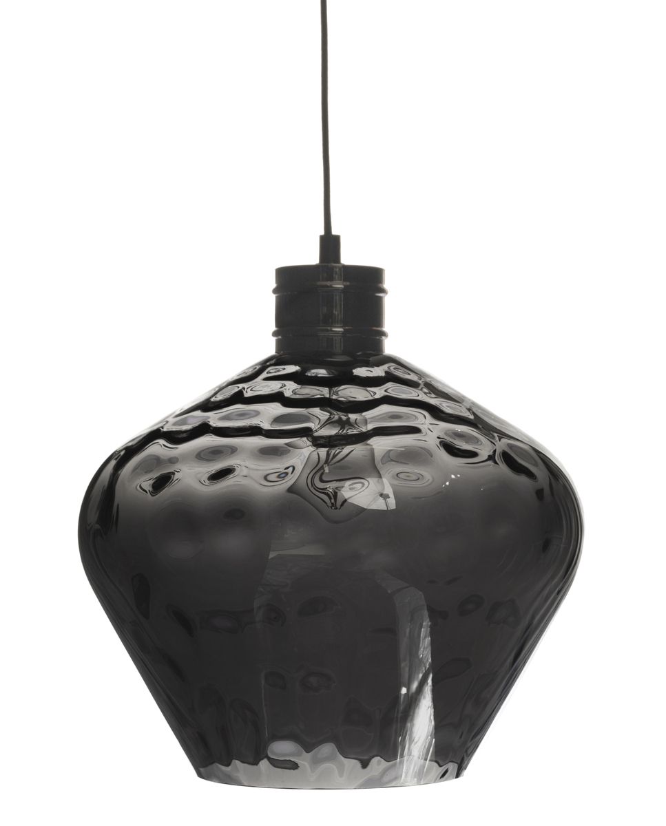 Tyylikäs lasinen riippuvalaisin, jossa on kromattu pinta. Lasin ulkopinta on sileä, kun taas sisäpinnassa on eläväisiä muotoja, jotka korostuvat kauniisti valon syttyessä ja luovat kiinnostavan valon ja varjon leikin.