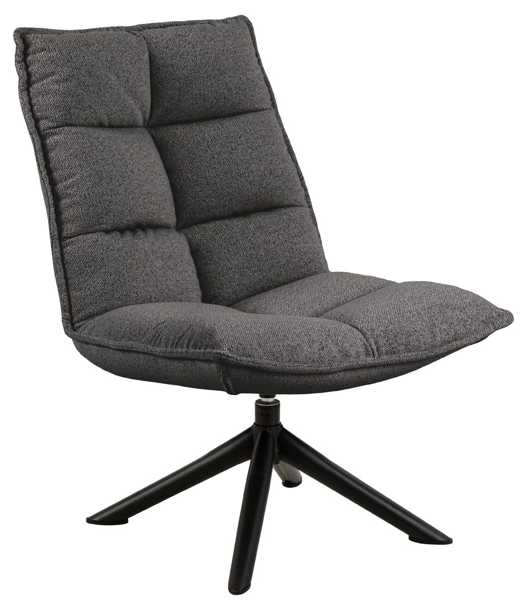 Tummanharmaa muhkea nojatuoli, jossa on mustat metallijalat