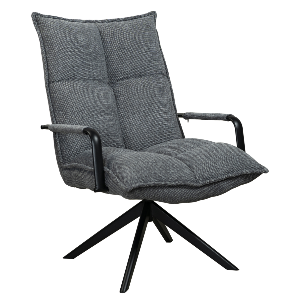 Tummanharmaan värinen Garna lepotuoli käsinojilla ja pyörivällä mustalla metallijalalla.