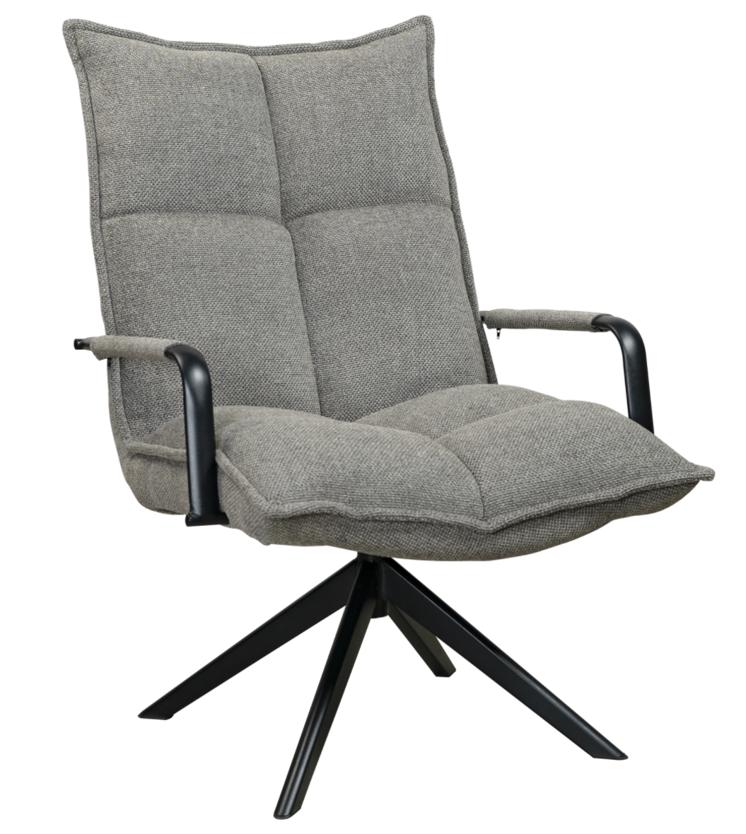 Harmaan värinen Garna lepotuoli käsinojilla ja pyörivällä mustalla metallijalalla.