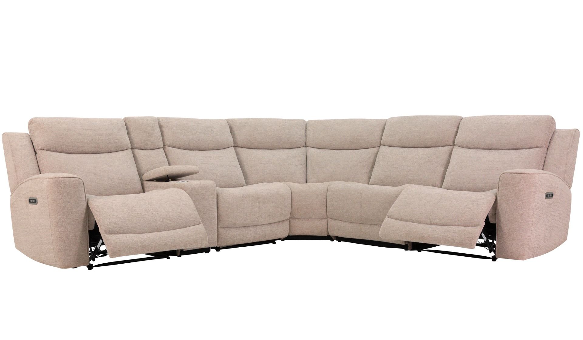 Iso vaalea kulmasohva kangasverhoiltu ja sähkömekanismit