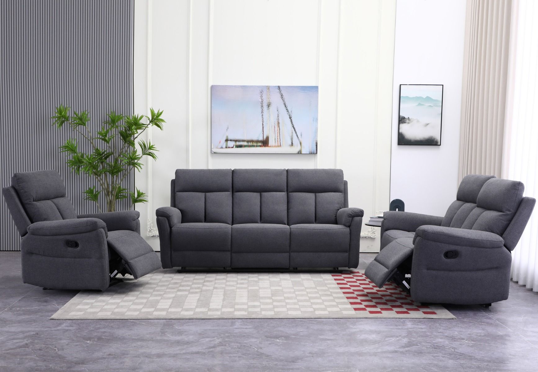 3+2+1 sohvakalusto tummanharmaa kahdella sohvalla ja yhdellä nojatuolilla sekä mekanismit