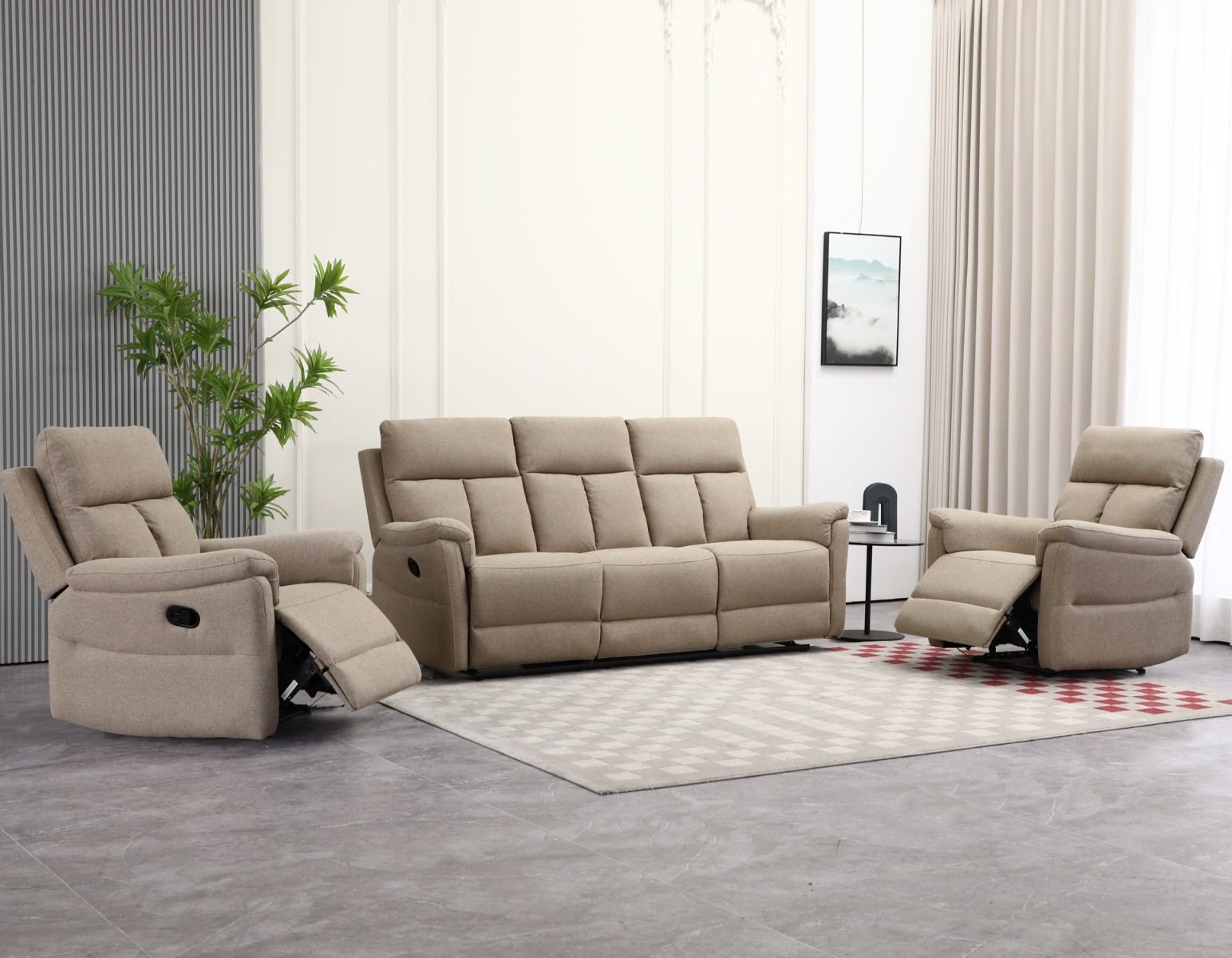 Grand 3+1+1 sohvakalusto beigellä verhoilukankaalla ja reclinermekanismeilla