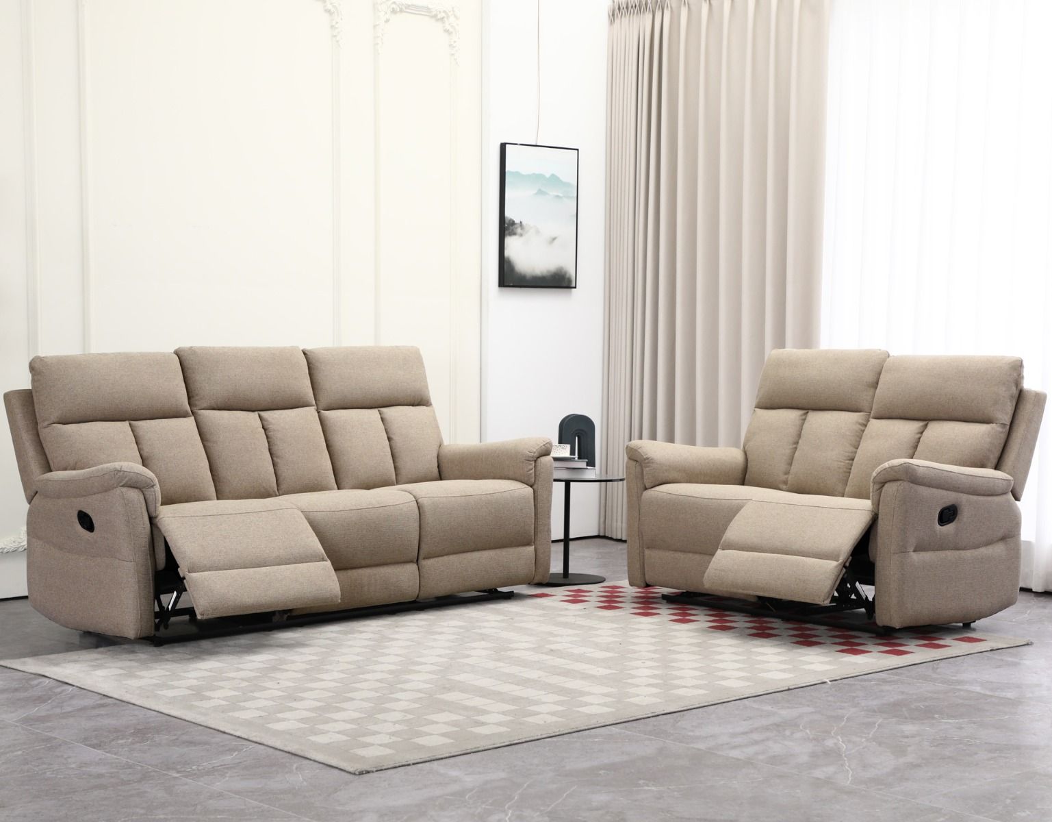 Grand mekanismisohvakalusto 3+2 beigen värillä ja reclinermekanismeilla