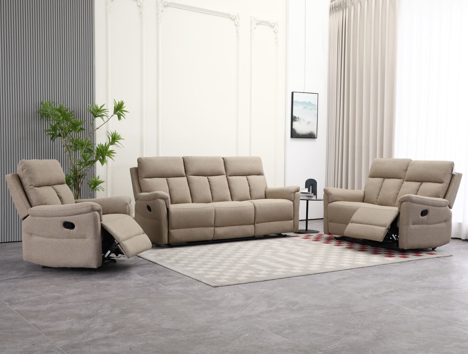 3+2+1 beigen värinen sohvakalusto jossa mekanismit