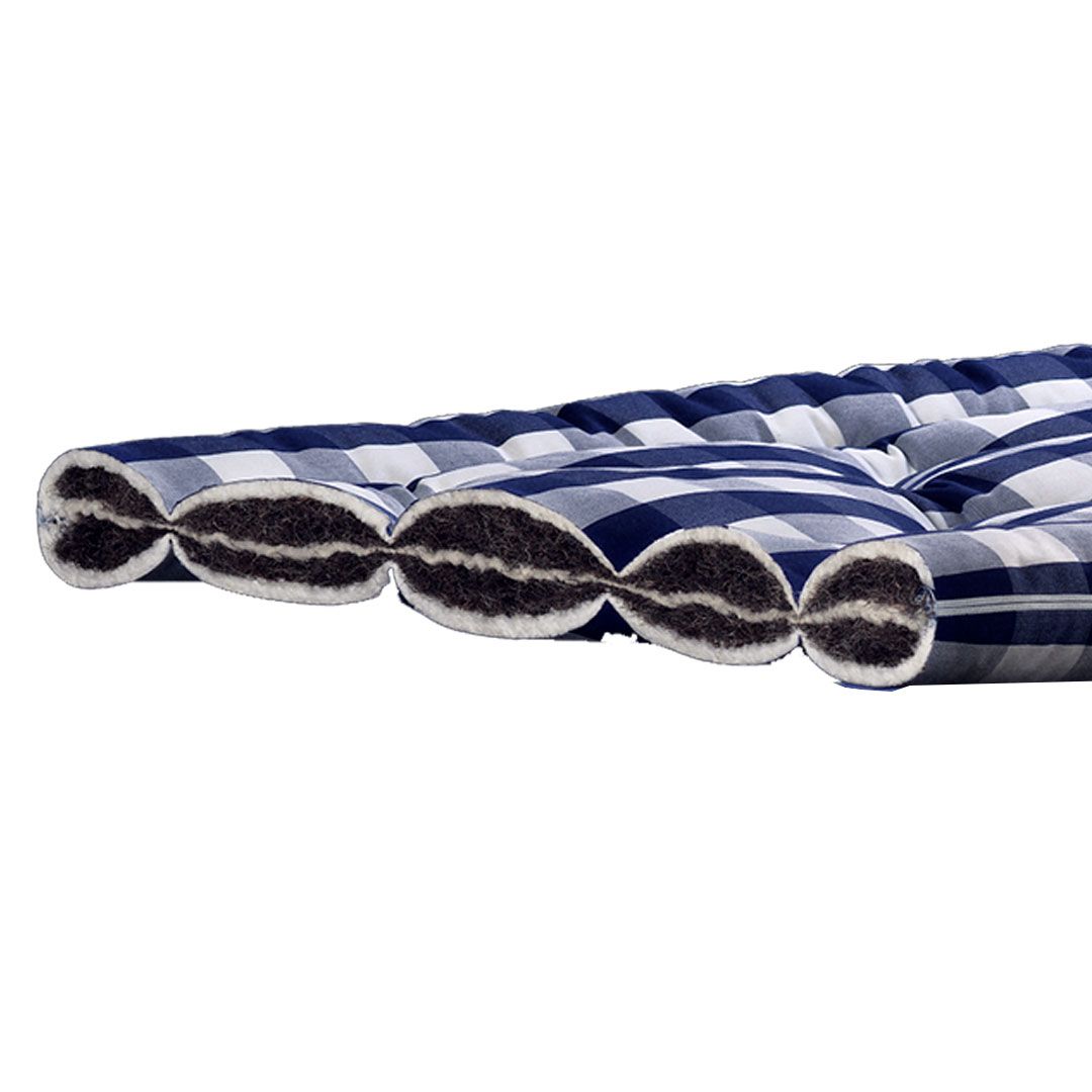 Hästens BJX Luxury petauspatjan poikkileikkauskuva. Petauspatja verhoiltu siniruutuisella kankaalla. Saatavilla eri kokoja!