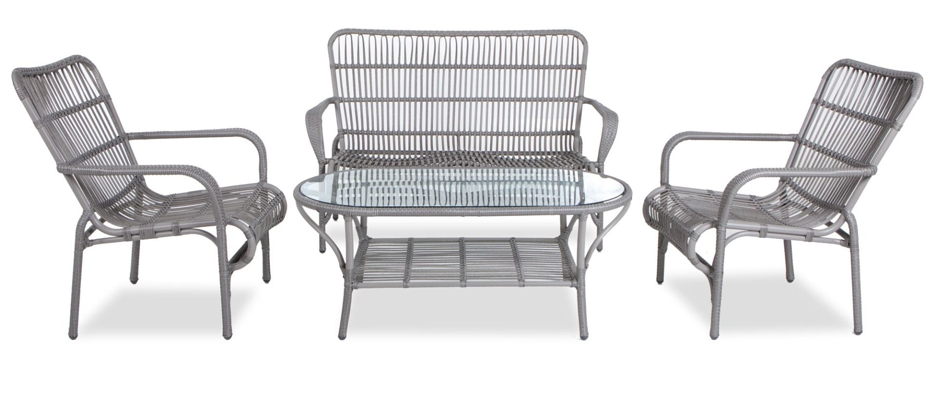 Kevyt terassiryhmä sohva ja tuolit harmaalla punoksella