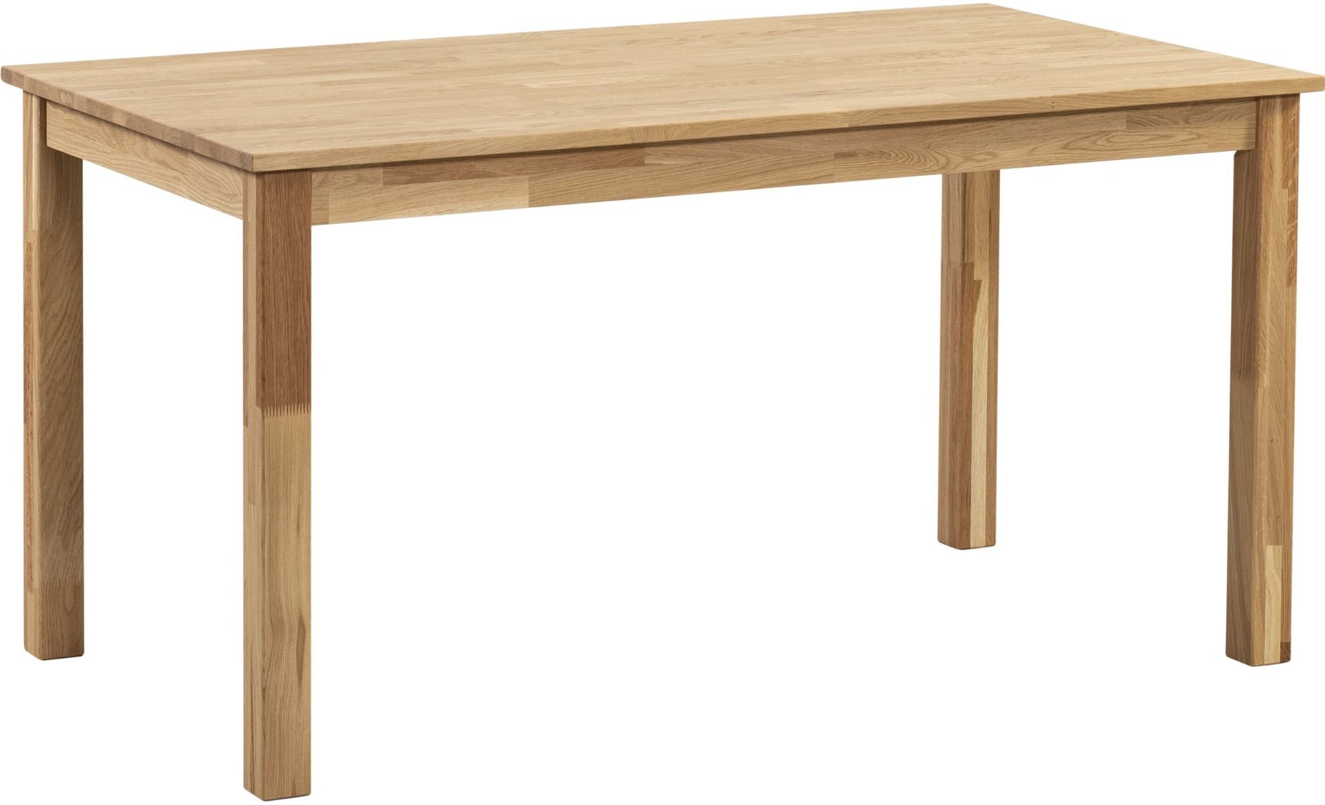 Neljän hengen ruokapöytä, valmistettu kokonaan massiivitammesta. Tolppajalat.