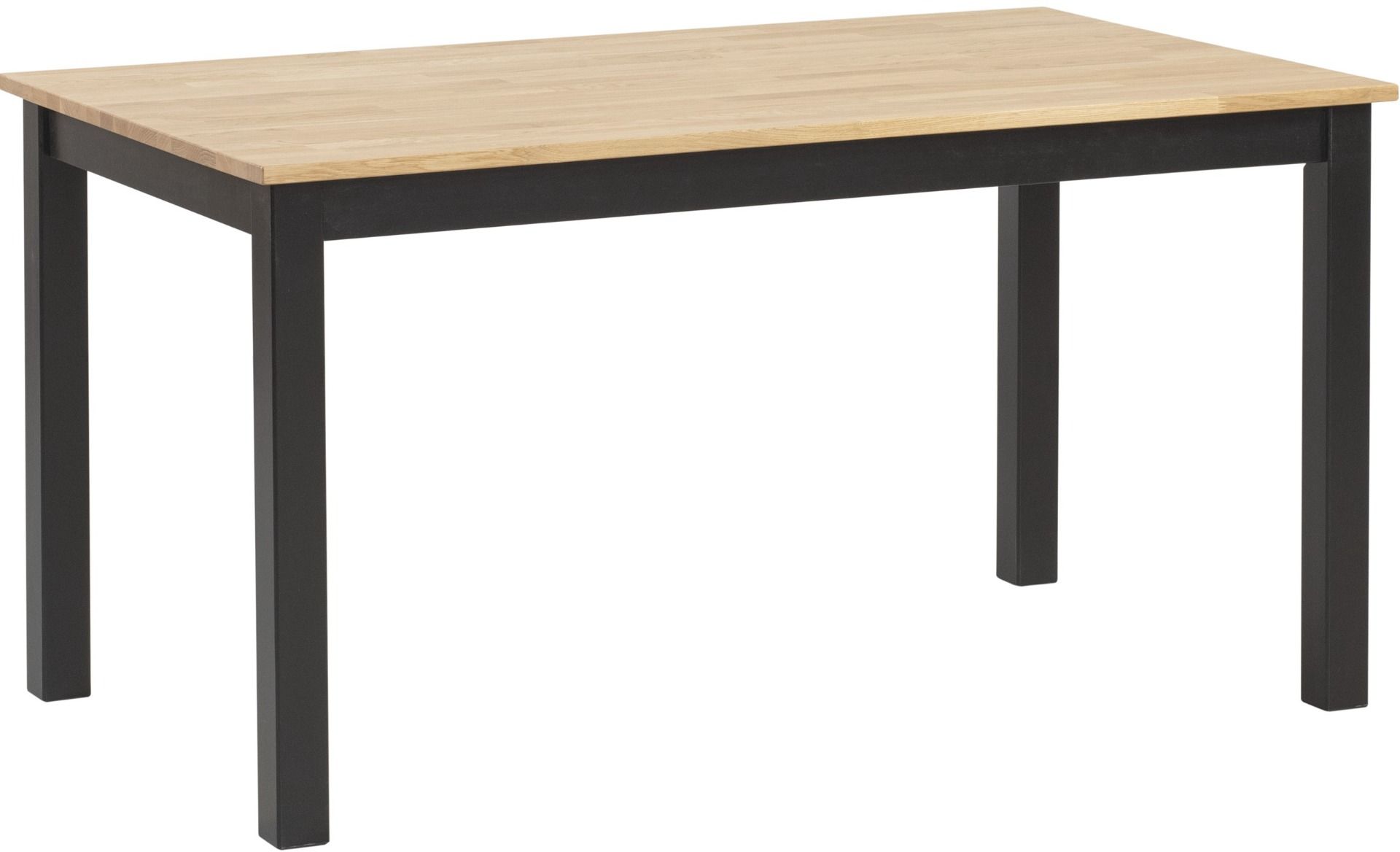 Neljän hengen ruokapöytä tammikannella ja mustaksi maalatuilla koivuisilla tolppajaloilla.