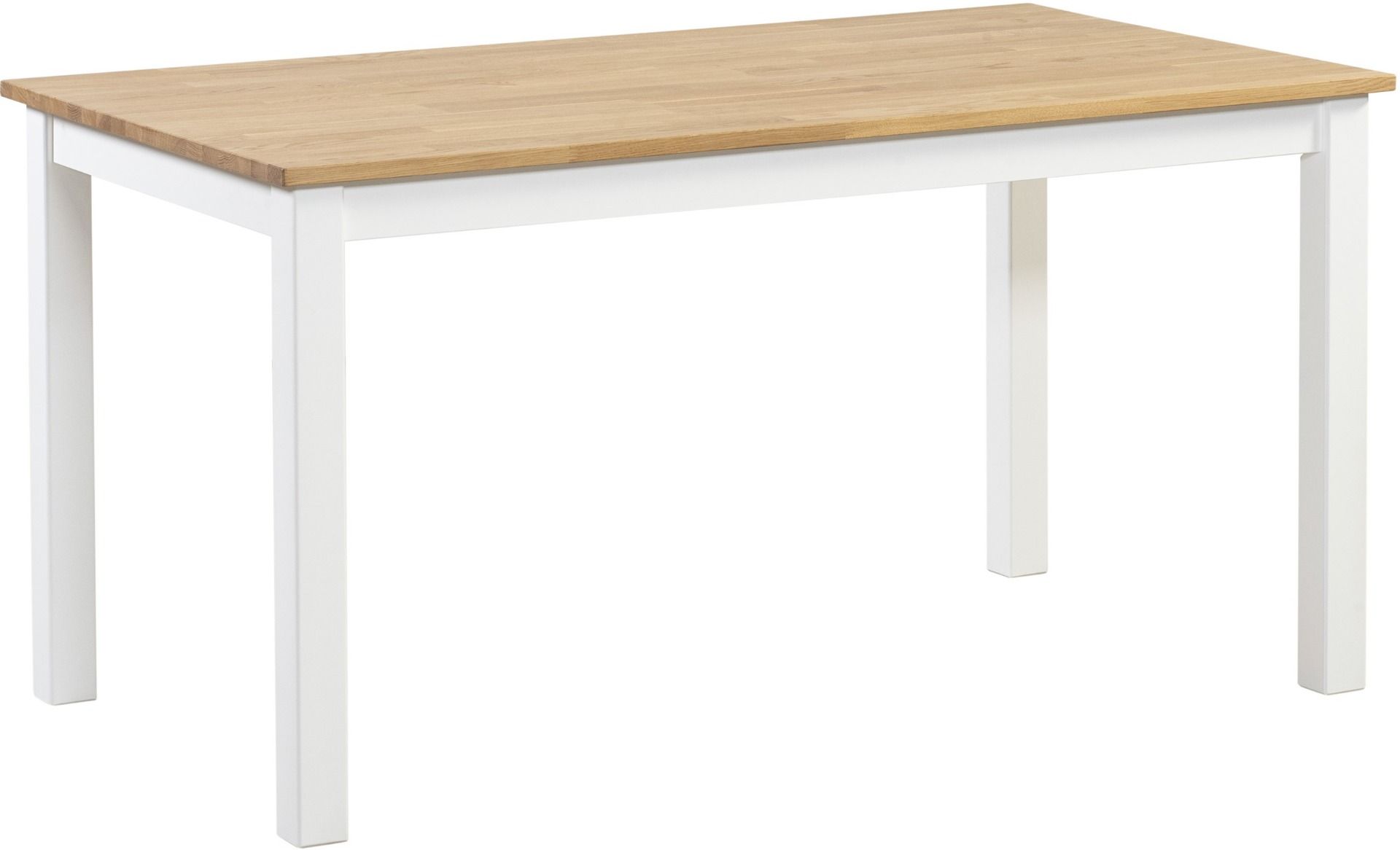 Neljän hengen ruokapöytä tammikannella ja valkoiseksi maalatuilla koivujaloilla sekä koivusokkelilla.