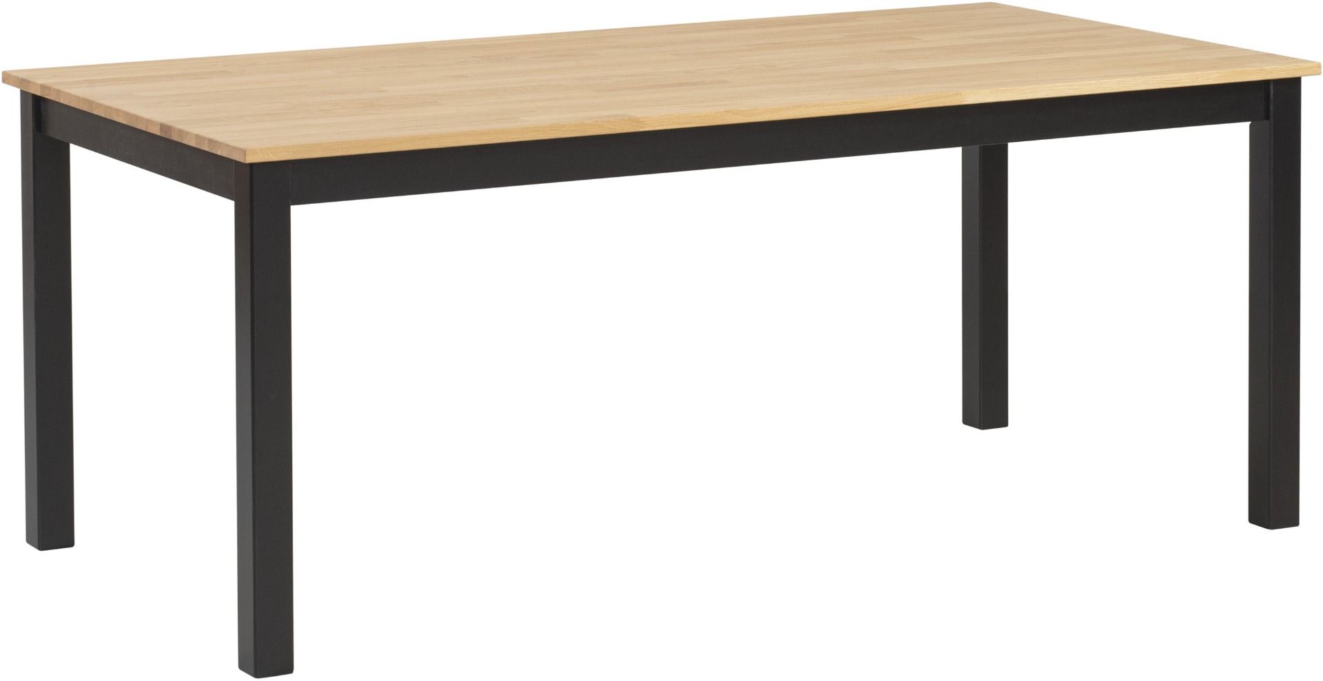 Halla ruokapöytä kuudelle tammen värisellä kannella ja mustaksi maalatuilla koivujaloilla.