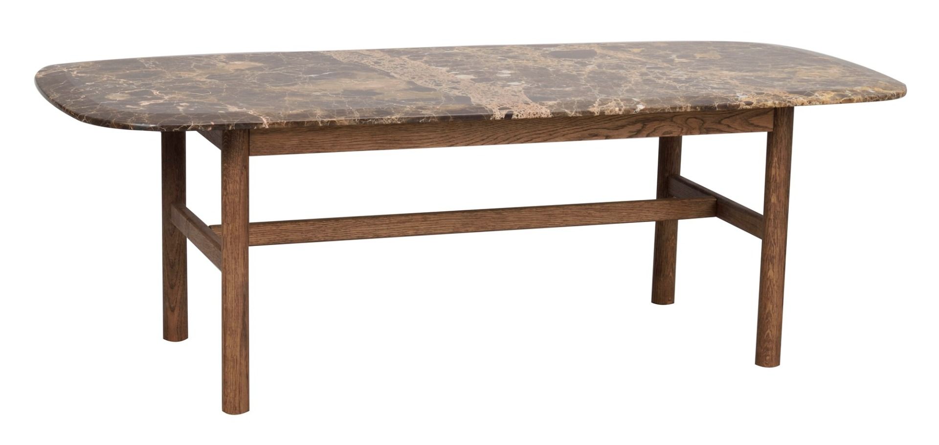 Rowico Hammond suurempi sohvapöytä ruskeilla tammijaloilla ja ruskealla marmorikannella