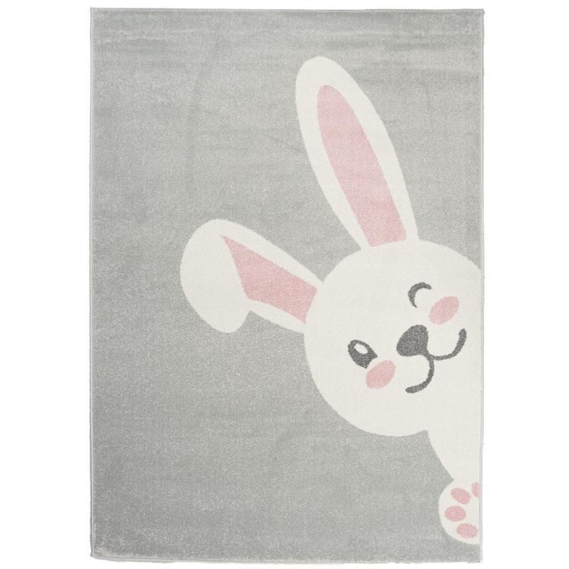 Heihei-pupu lastenmatto, lyhytnukkainen jossa on Iloinen pupuhahmo tervehtii maton reunassa. harmaa ja valkoinen. paksuus 10 mm ja maton koko on 120 x 170 cm.