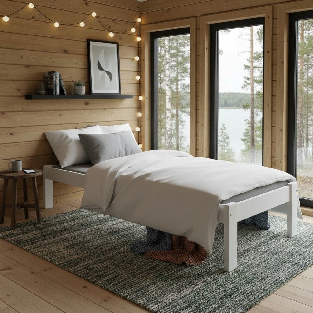 Sängyn runko 80x200 valkoinen kuvattuna suomalaisessa mökissä