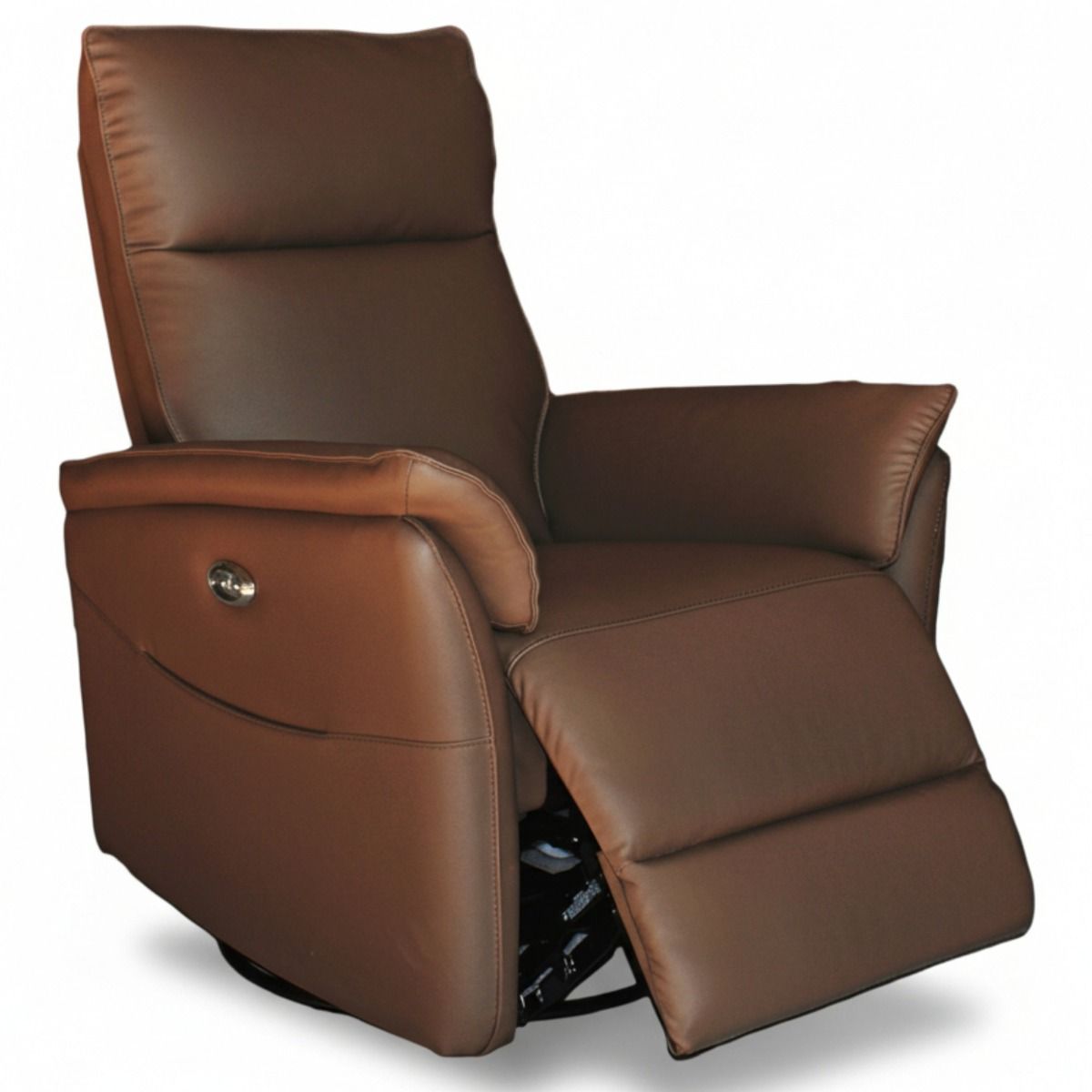 Ruskea reclinertuoli nahkaverhoilulla ja sähkötoimisella mekanismilla