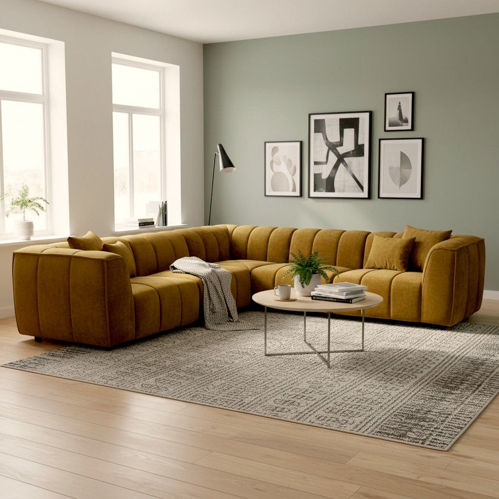 Infinity kulmasohva kullan keltaisella samettikankaalla