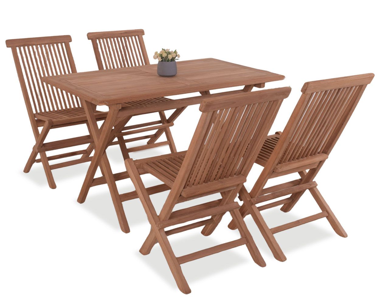 Kokoon taitettava ruokailuryhmä 4:lle, valmisettu laadukkaasta tiikistä