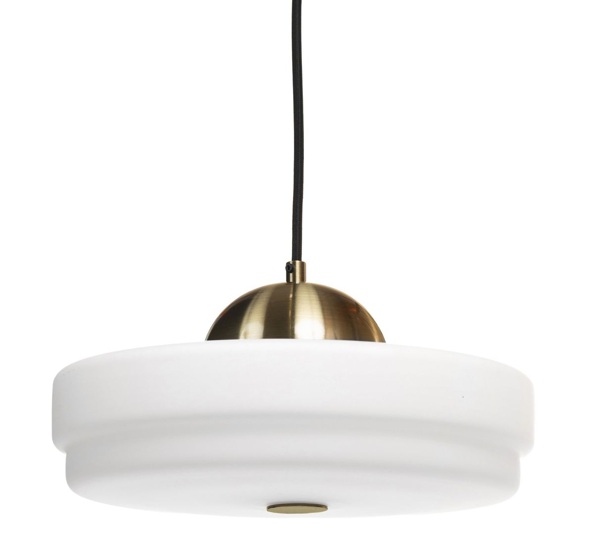 Sirokokoinen riippuvalaisin, jossa on elegantti mattavalkoinen lasikupu ja antiikkimessingin sävyiset kalusteosat sekä kattokuppi.