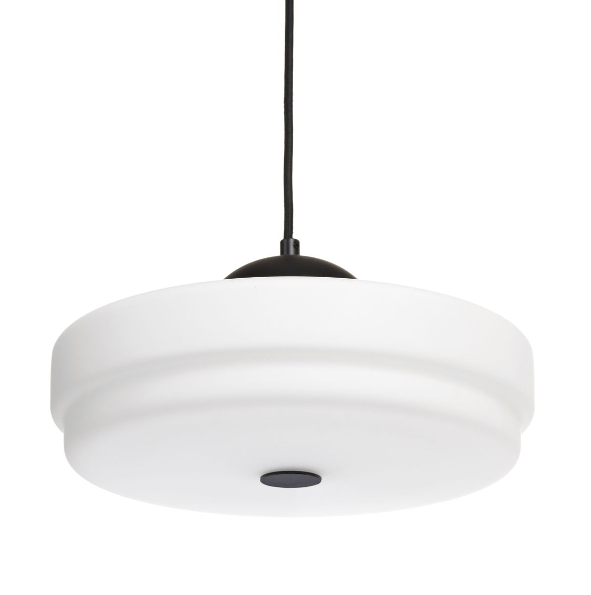 Sirokokoinen riippuvalaisin, jossa on elegantti mattavalkoinen lasikupu ja mattavalkoinen lasikupu ja mustat kalusteosa sekä kattokuppi.