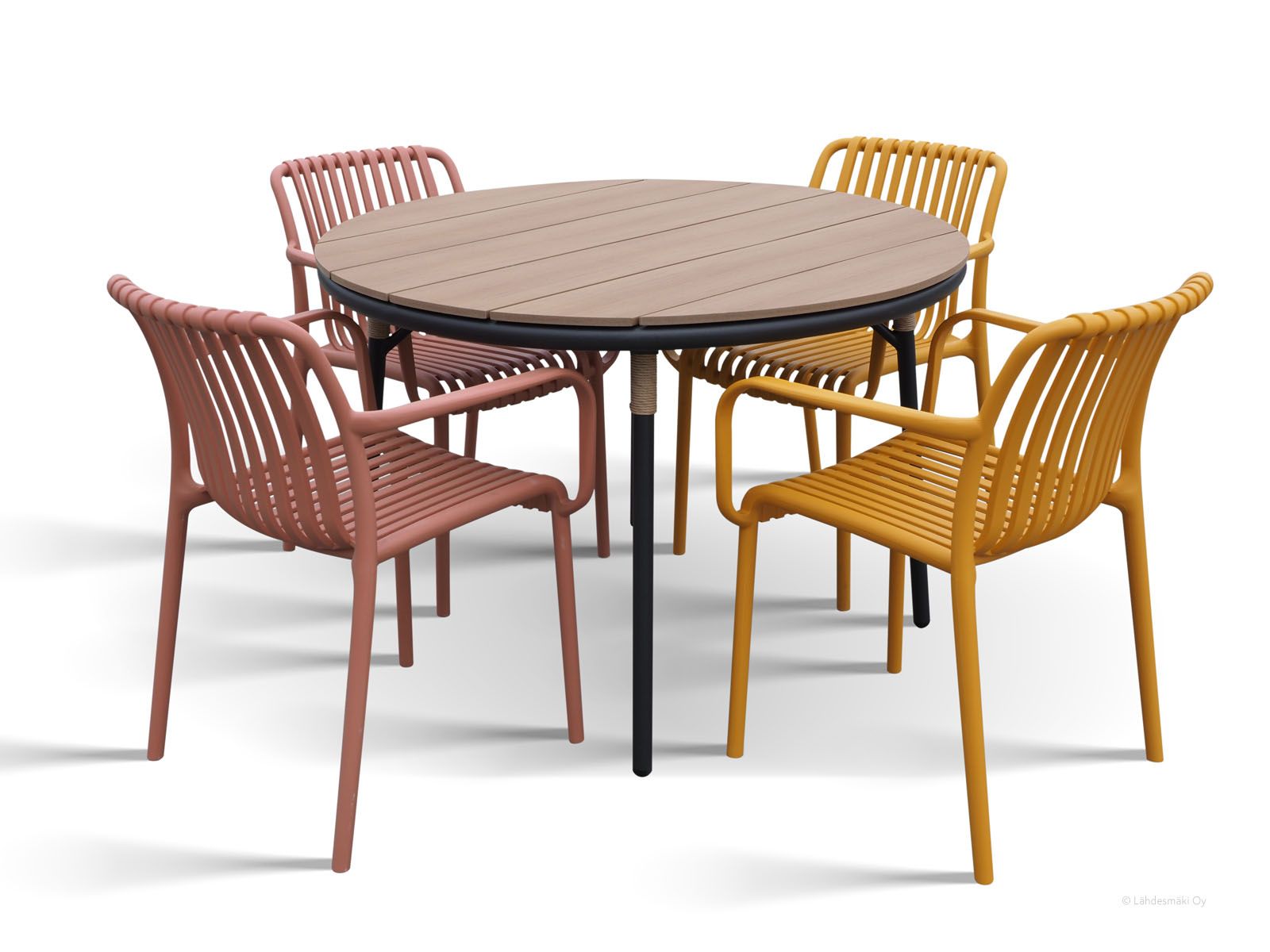 Pyöreä Juno terassipöytä värikkäät Brandon tuolit ulkokäyttöön