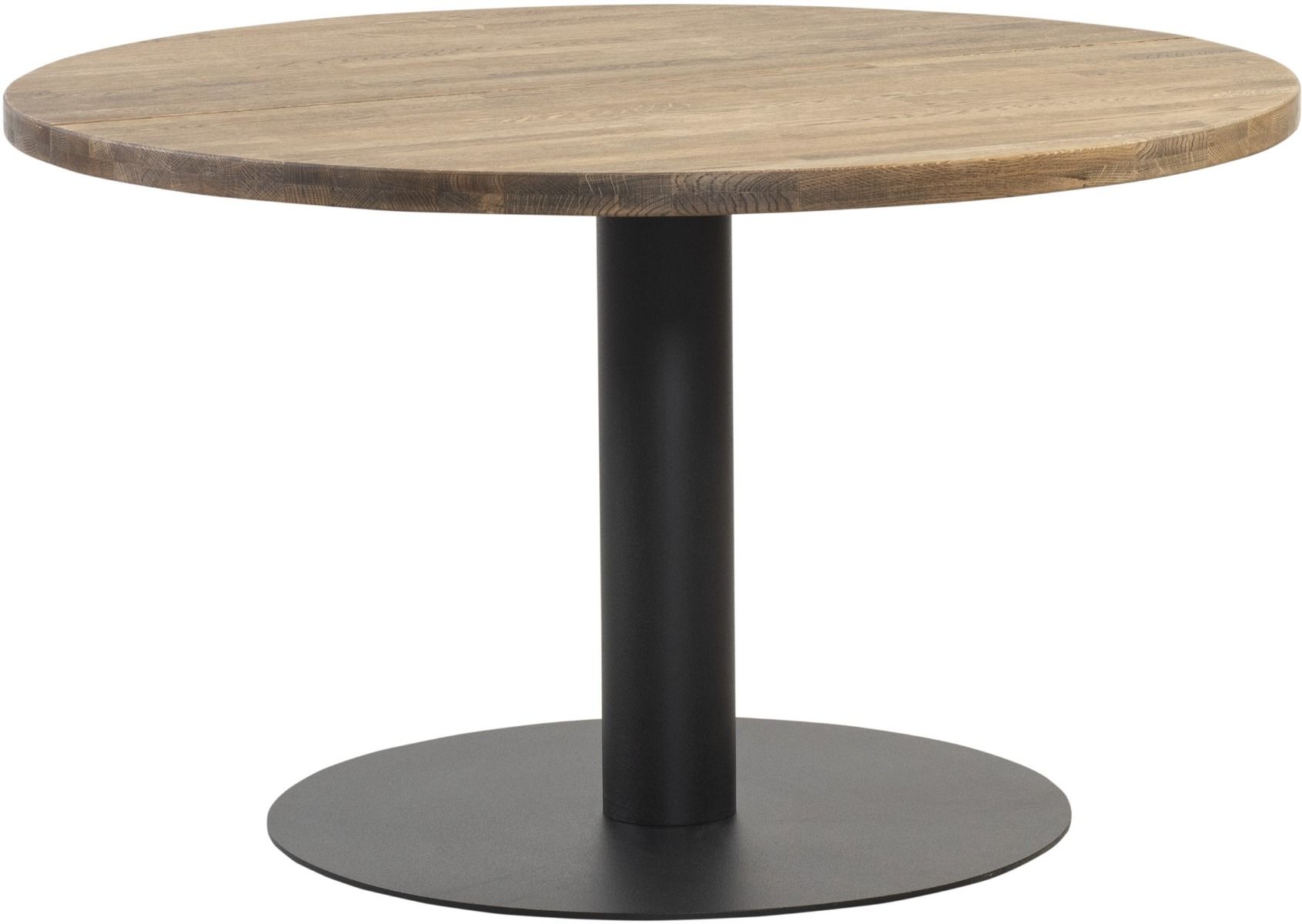 Pyöreä ruokapöytä tammikannella ja mustalla metallijalalla.