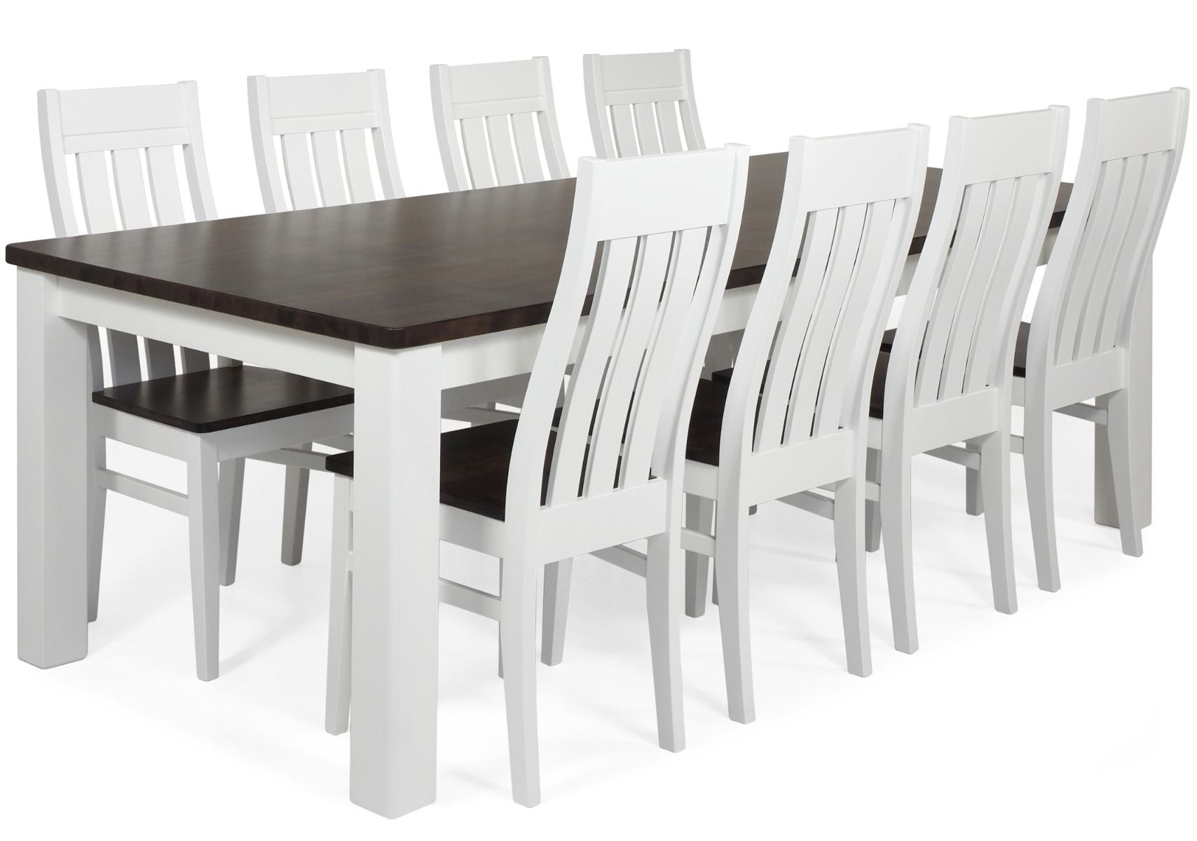 Pähkinän ja valkoisen värinen ruokapöytä ja kahdeksan tuolia