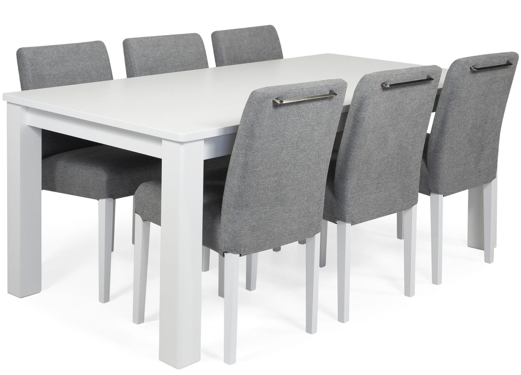 Kanerva ruokapöytä ja kuusi harmaalla kankaalla verhoiltua ruokapöydän tuolia joissa on kahvat selkänojassa