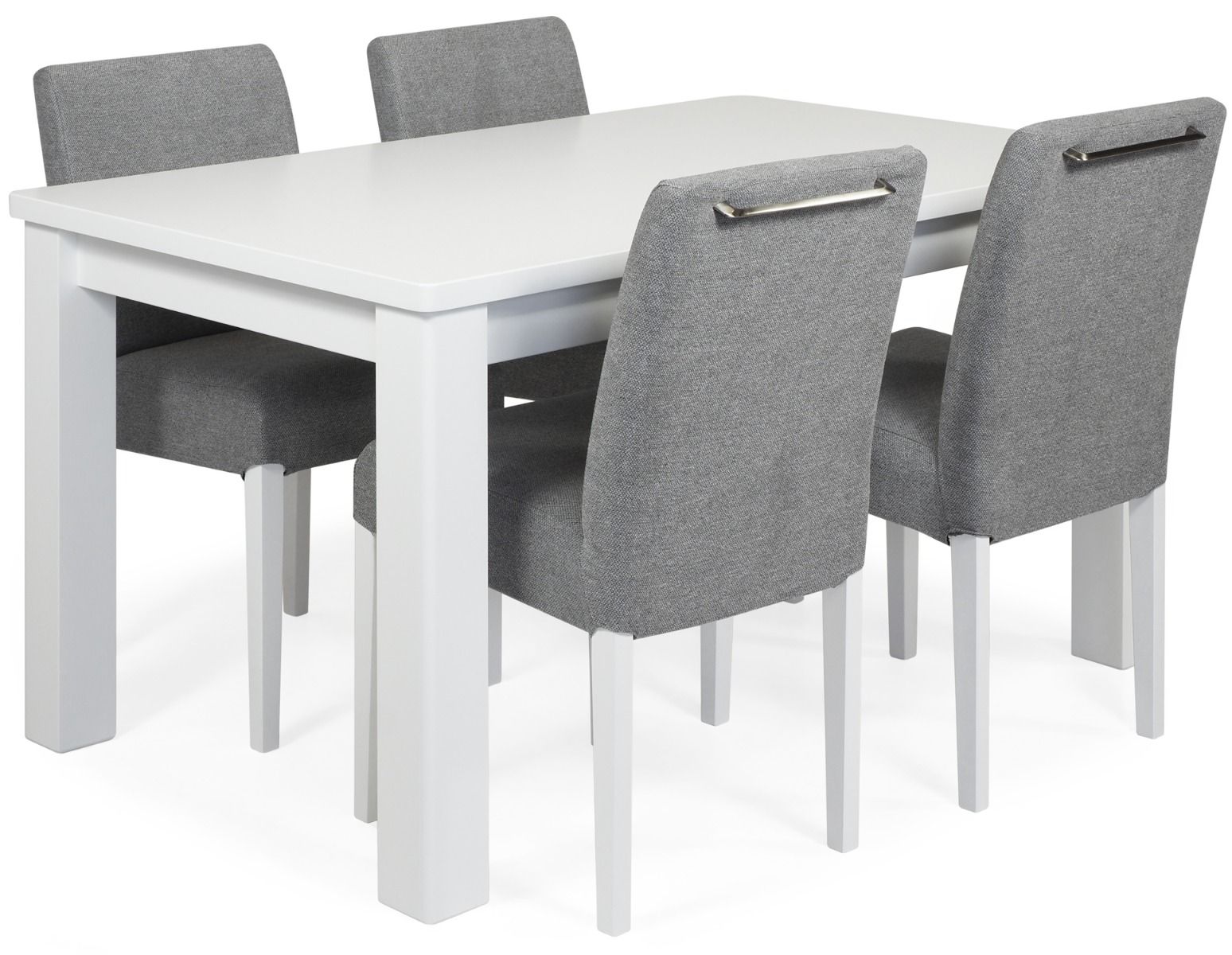Kanerva ruokaryhmä valkoinen neljällä verhoillulla harmaalla tuolilla