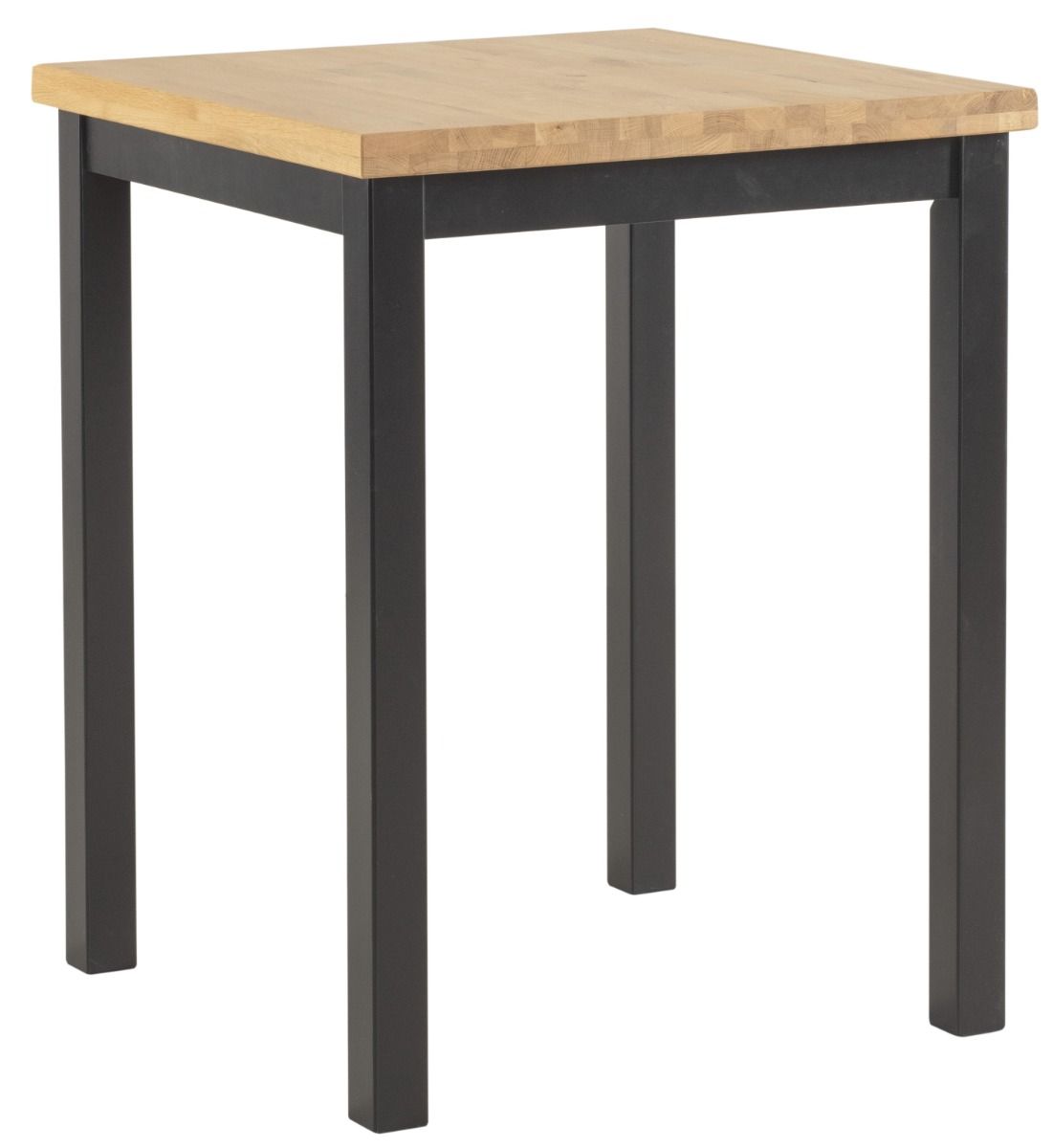 Kaski baaripöytä 75x75cm. Mustaksi maalatut jalat sekä 4cm paksu rustiikkitamminen kansi.