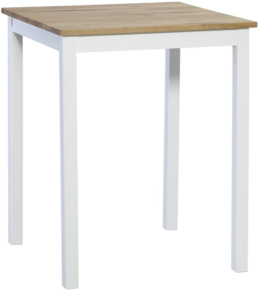 Rustiikkitamminen Kaski baaripöytä 75x75cm kokoisena. Valkoiseksi maalatut koivujalat.