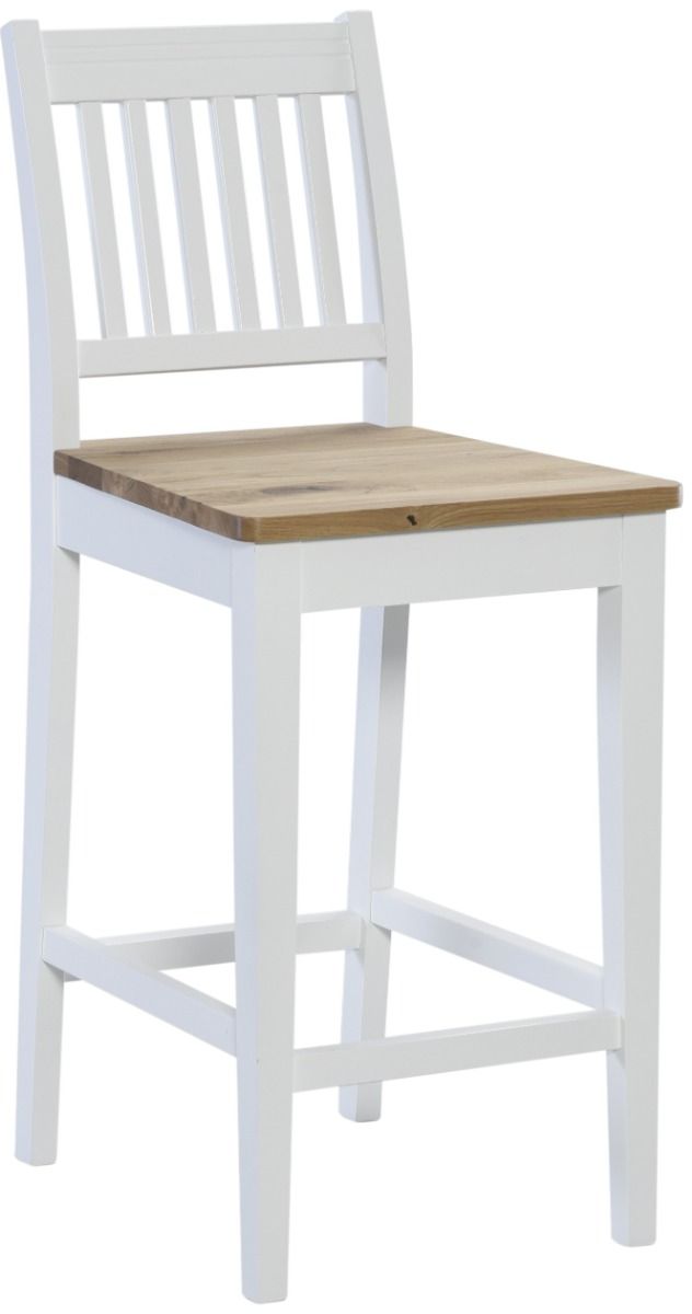 Kaski baarituoli jossa valkoiseksi maalattu koivurunko ja rustiikkitamminen istuin. Perinteisen tyylinen malli, jossa selkänooja muodostuu kuudesta pinnasta sekä reunakehyksistä. Pinnojen alle jää noin 10cm tyhjää tilaa istuimen yläpuolelle.