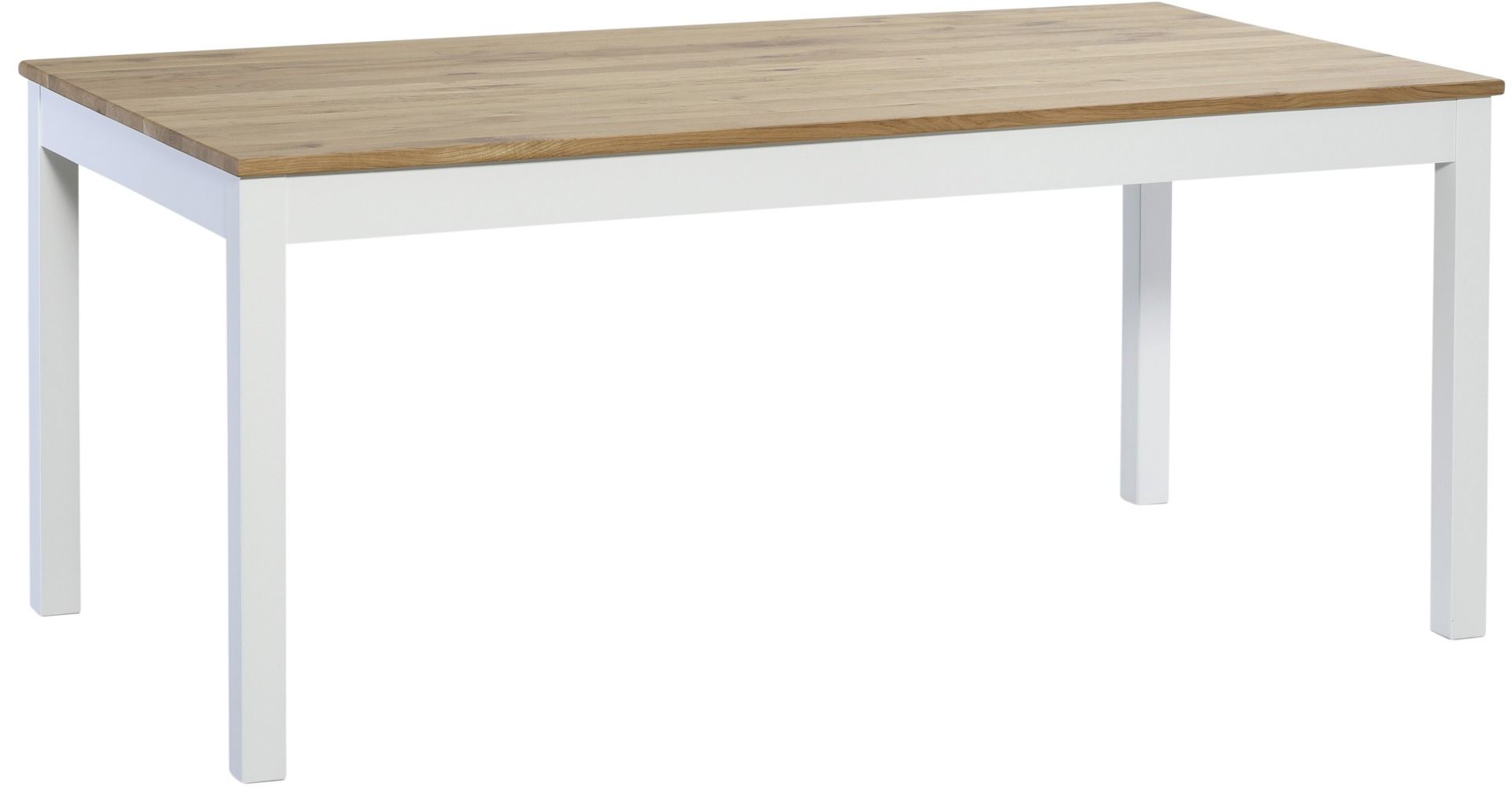 Kaski ruokapöytä 90x180cm kuudelle. Valkoiseksi maalattu koivurunko ja rustiikkitamminen kansi.