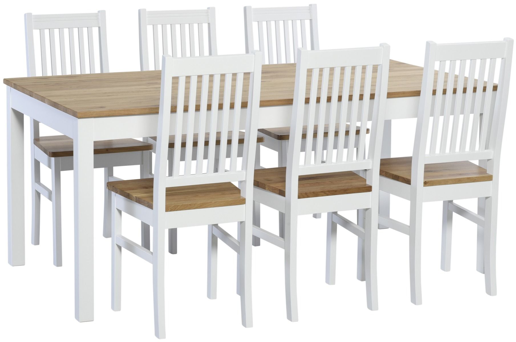 Upea ruokailuryhmä kuudelle, jossa rustiikkitammi on yhdistettu valkoiseen koivurunkoon. Kalusteissa valkoiset rungot ja rustiikkitammikannet. Tuolien selkänojassa tiheät pystypuolat.