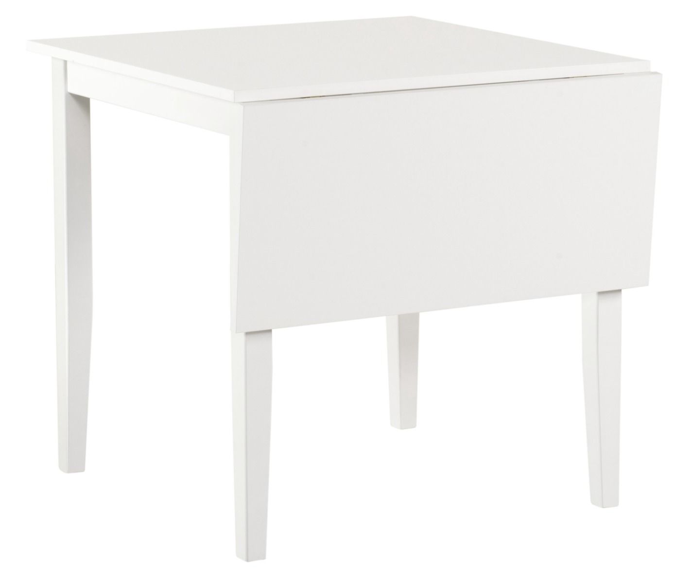 Valkoinen Kaura klaffipöytä, jonka kannen koko 75x75cm, klaffi pidentää pöytää 35cm. Pöydän kansi ja jalat valkoiset.