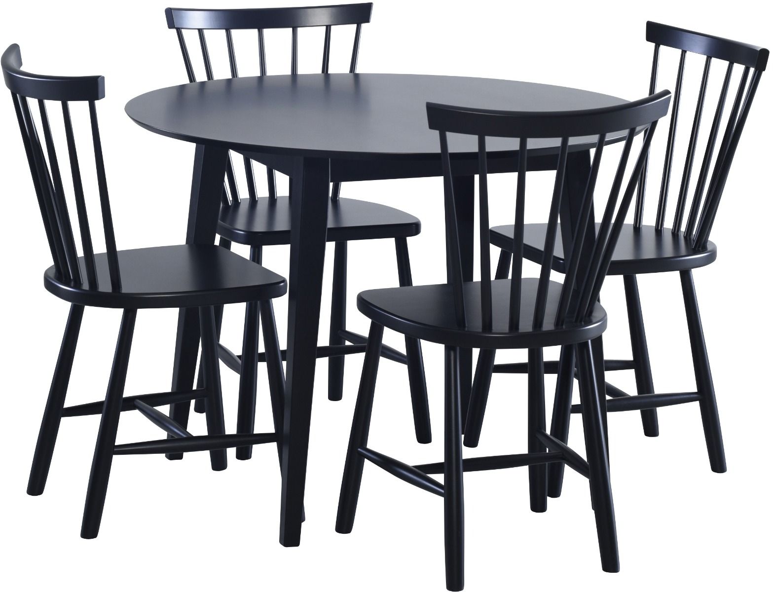 Pyöreä ruokailuryhmä neljälle mustana. Pöydässä tolppajalat, tuolit tyylikkäät retrohenkiset pinnatuolit. Kaikkien kalusteiden väri musta.