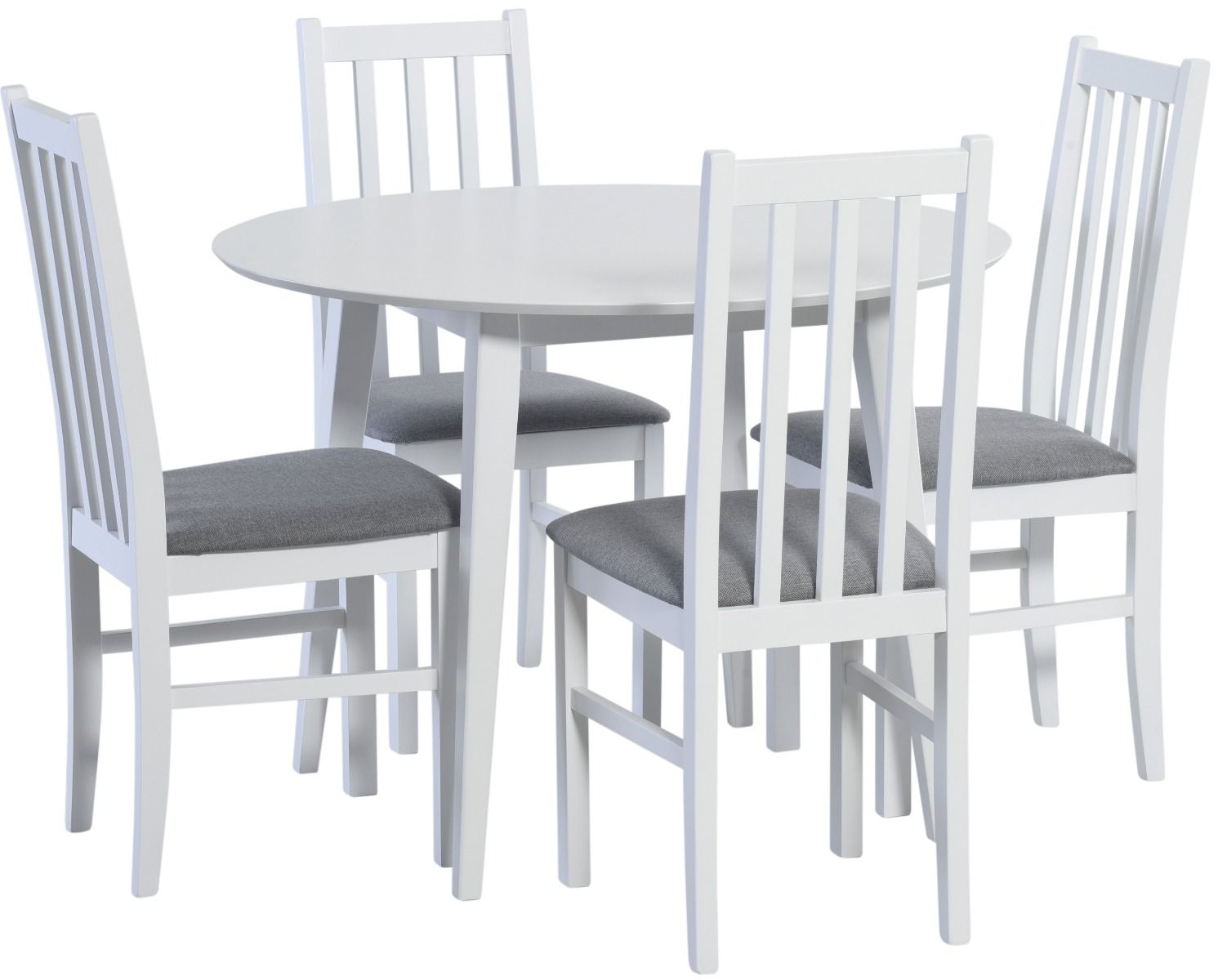 Pyöreä ruokaryhmä neljälle. Valkoinen ruokapöytä tolppajaloilla sekä neljä suoraselkänojallista tuolia vaaleanharmaalla pehmustetulla istuimella.