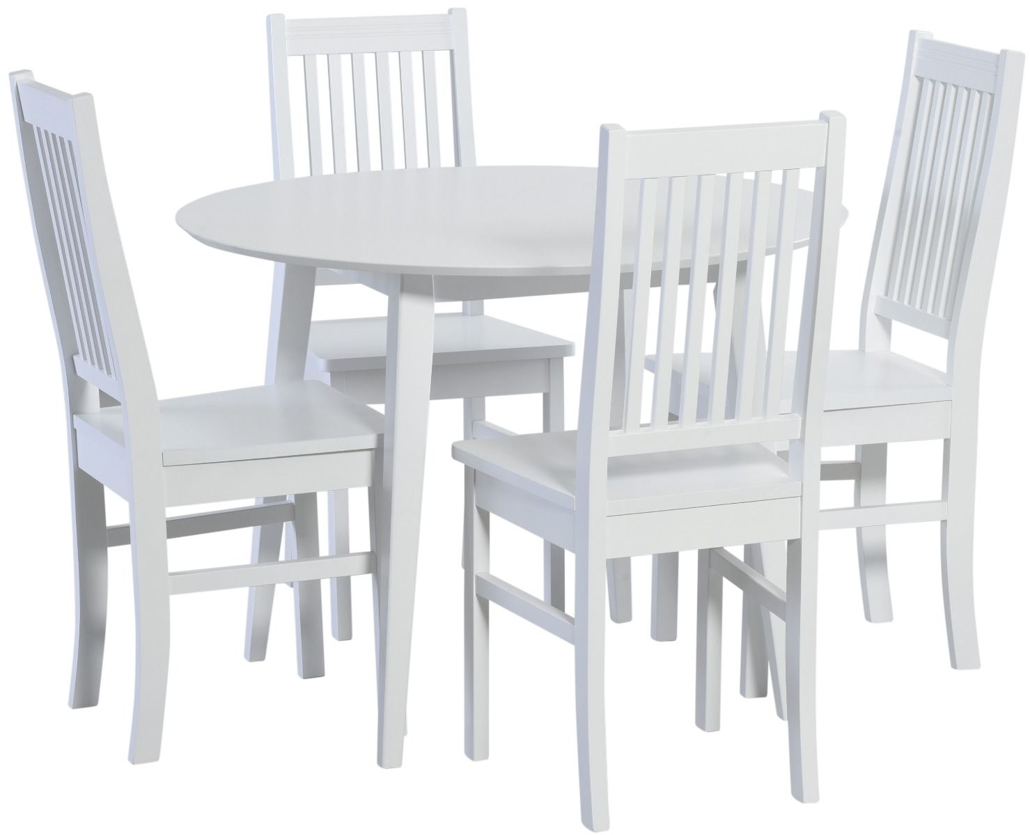 Pyöreä ruokailyryhmä neljälle valkoisena. Pöydässä tolppajalat ja tuoleissa tiheät selkänojapinnat sekä sileä valkoinen istuin yhdistettynä valkoiseen runkoon.