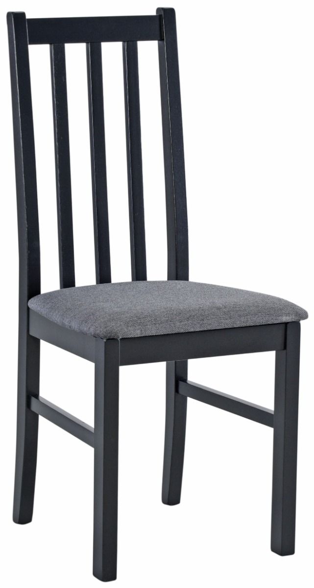 Koivurunkoinen mustaksi maalattu ruokailutuoli, jossa selkänojapinnaa rungon lisäksi. Pehmustettu ja vaaleanharmaalla kankaalla verhoiltu istuin.