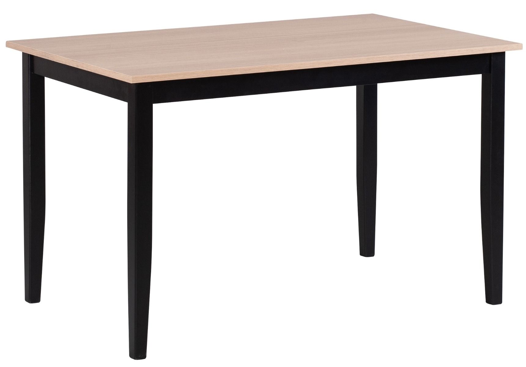 Kaura ruokapöytä 120x75cm, neljälle. Kannen värinä tammijäljitelmä, materiaali melamiini. Jalat mustaksi maalattu koivu.