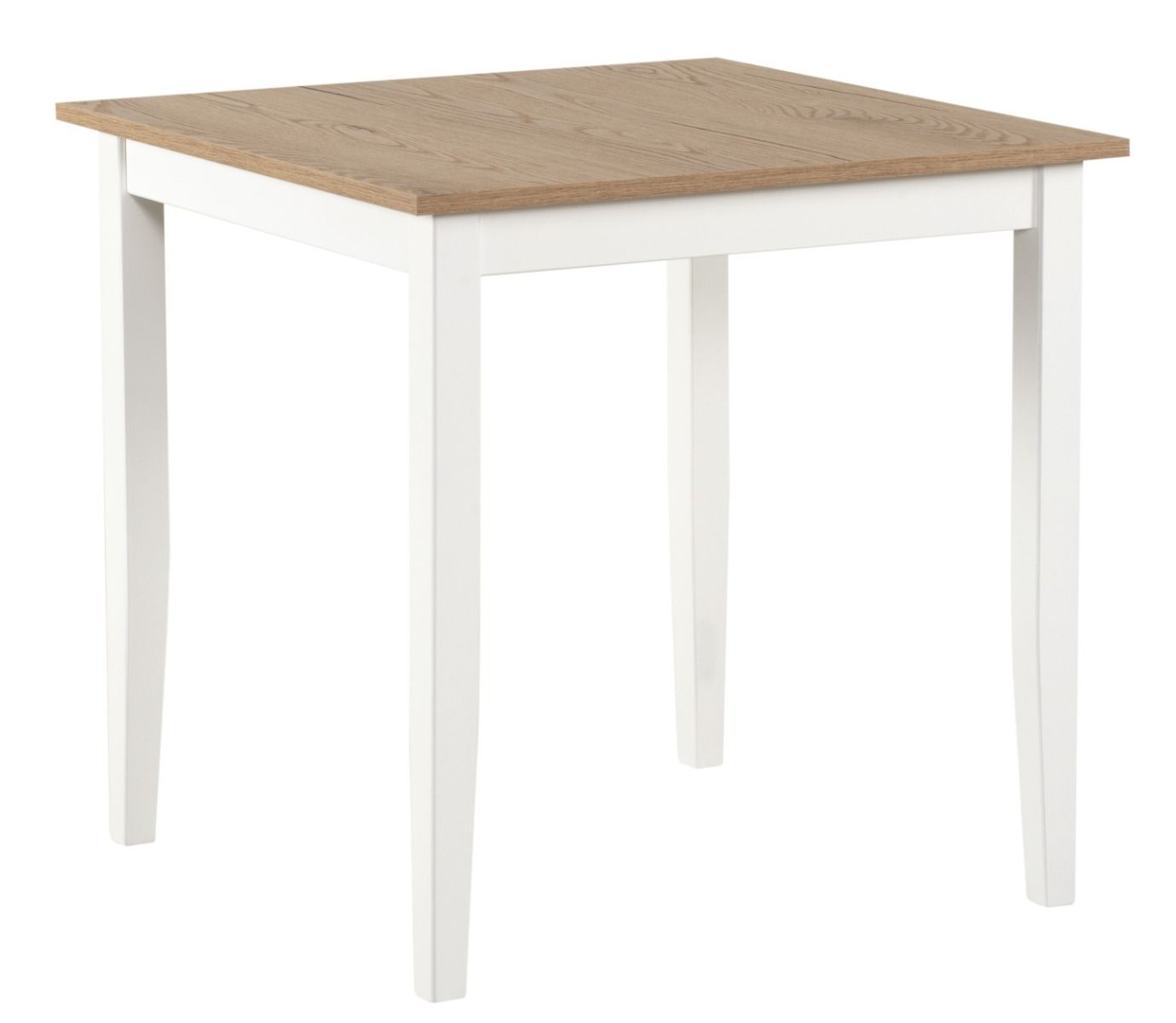 Ruokapöytä 75x75cm, melamiinisella tammijäljitelmä kannella ja valkoiseksi maalatuilla koivuisilla jaloilla.