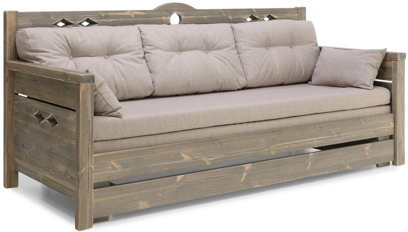 Konsta puinen laverisohva harmaa, jossa on beiget patjat