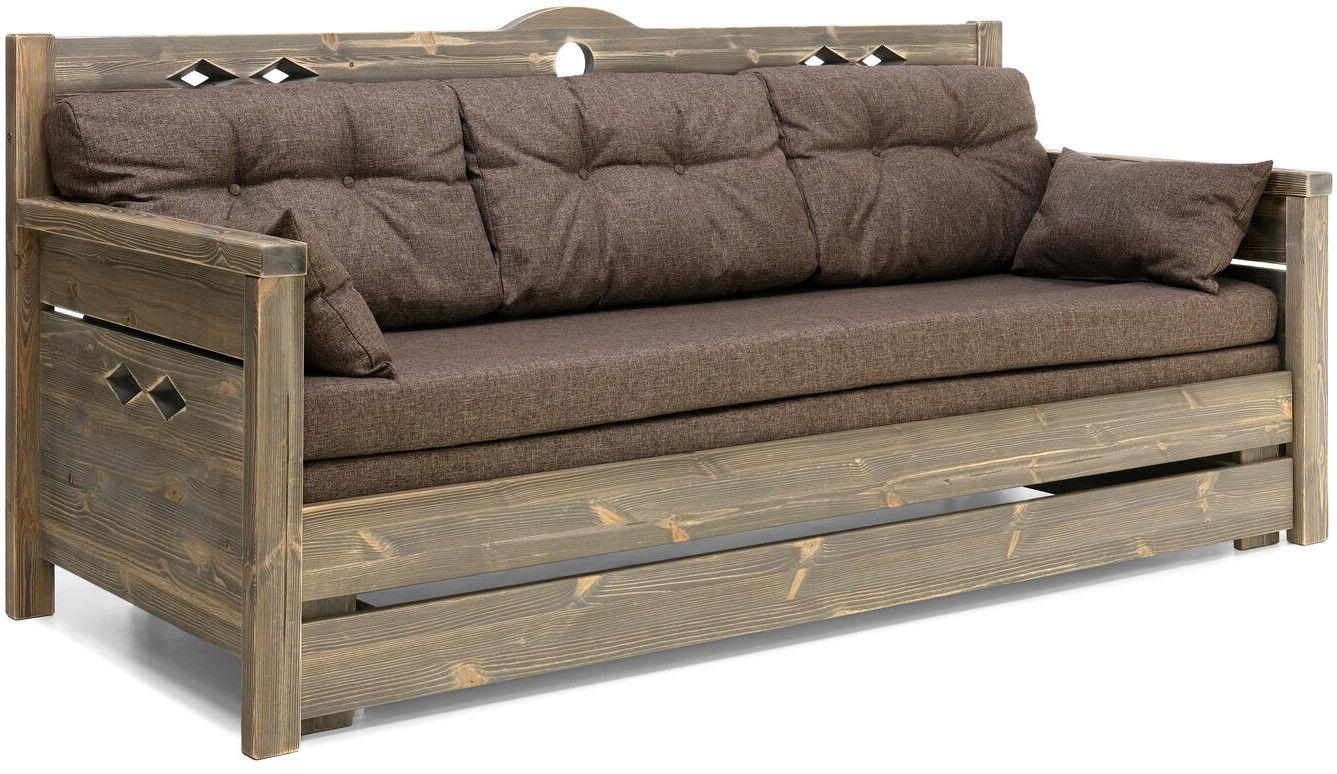 Konsta puinen laverisohva harmaa, jossa on ruskeat patjat