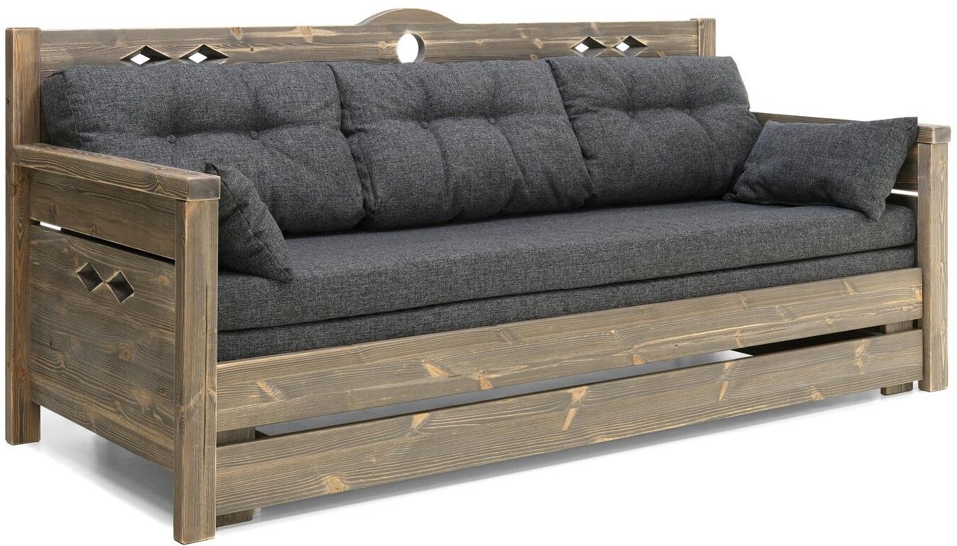 Konsta puinen laverisohva harmaa, jossa on tummanharmaat patjat