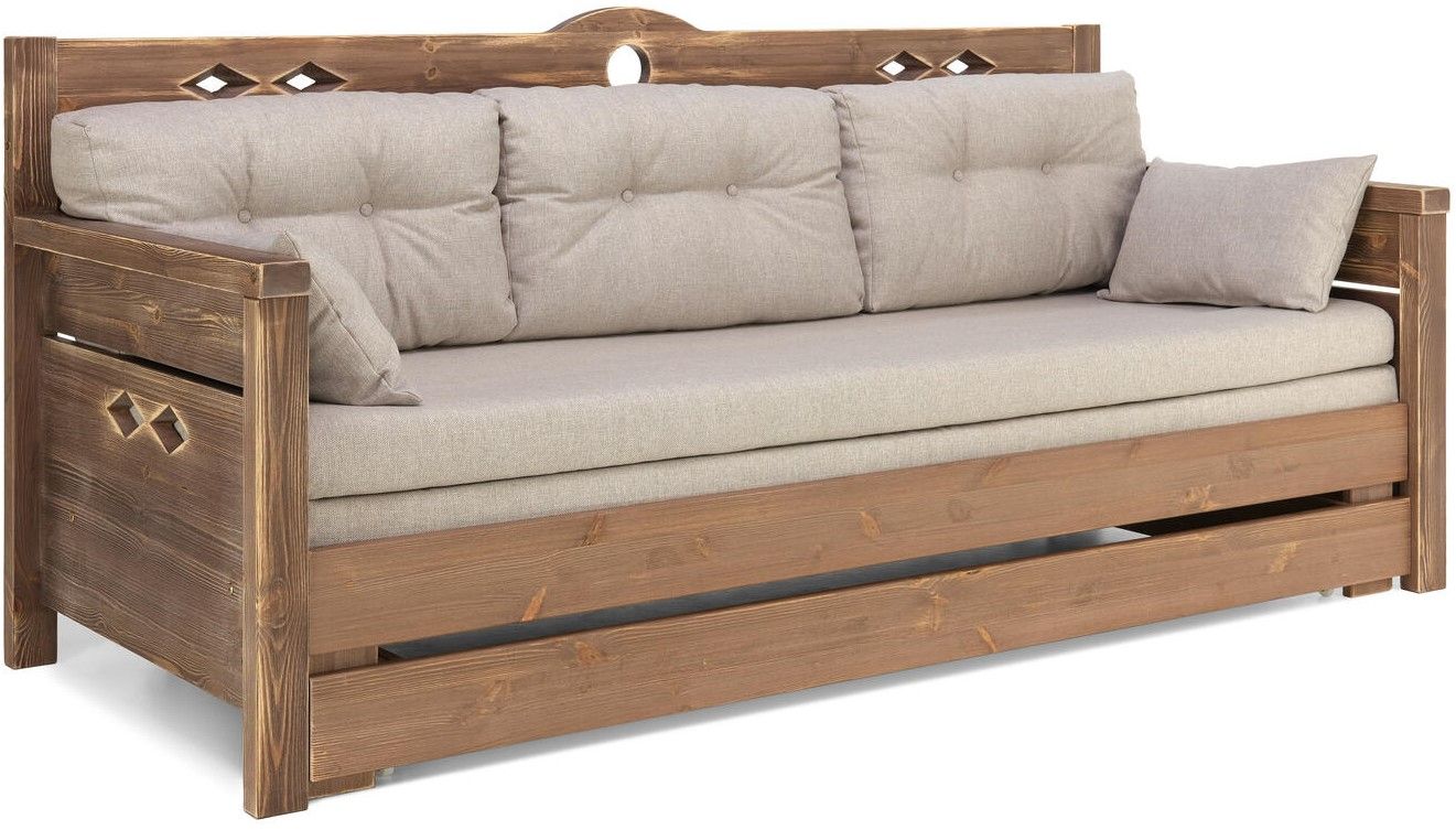 Ruskea Konsta laverisohva, jossa on beigen väriset patjat ja tyynyt