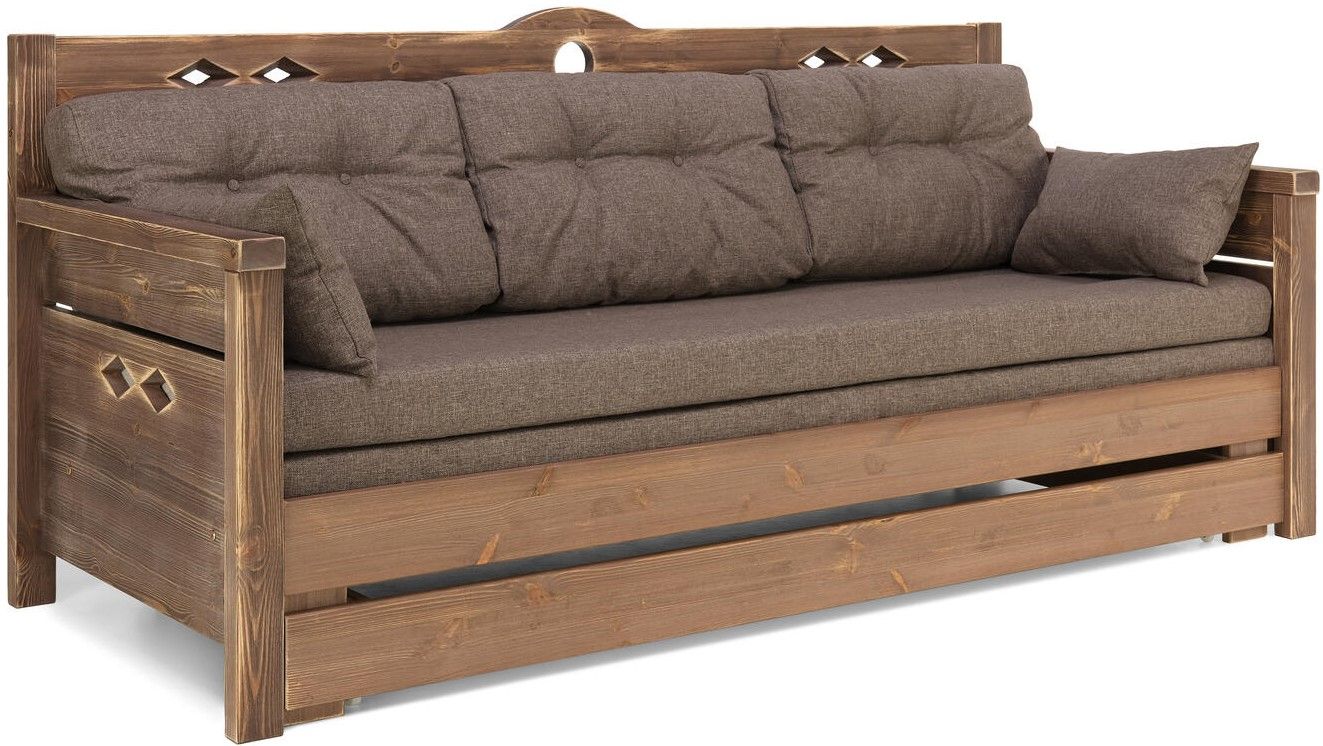 Ruskea Konsta laverisohva, jossa on ruskean väriset patjat ja tyynyt