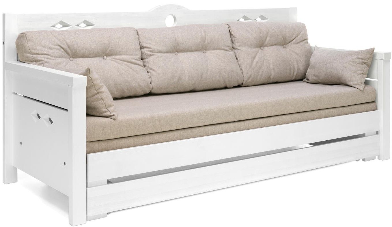 Konsta puinen laverisohva valkoinen, jossa on beiget patjat