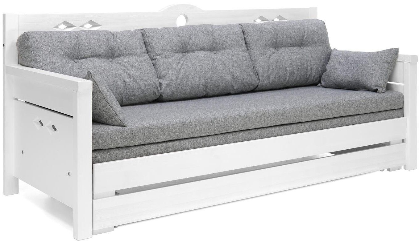 Konsta puinen laverisohva valkoinen, jossa on harmaat patjat
