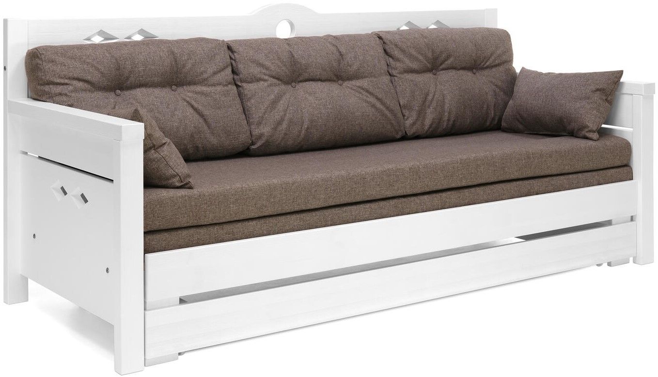 Konsta puinen laverisohva valkoinen, jossa on ruskeat patjat